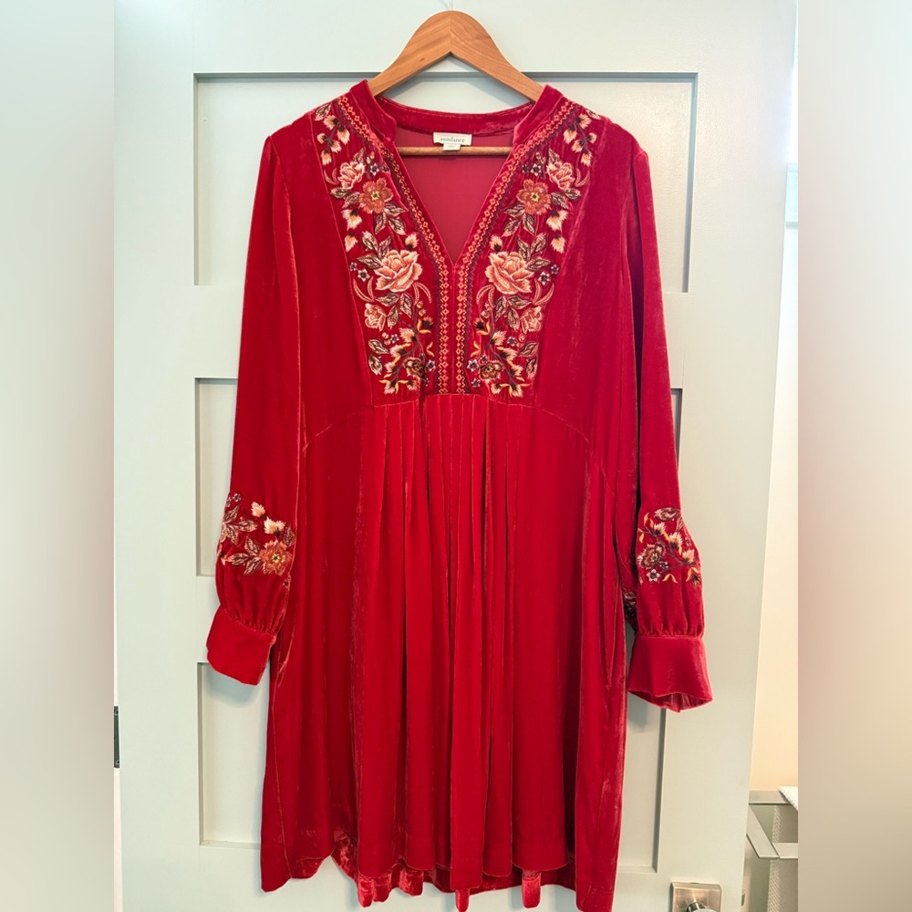 Sundance Red Velvet Plunge Bishop Sleeve Boho Chic Dress